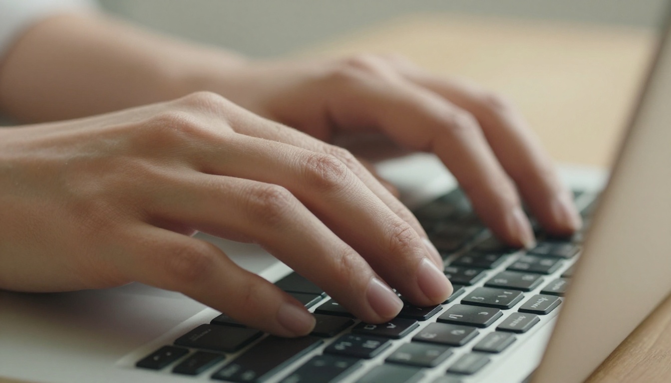 Hands typing on an aluminum laptop keyboard with warm natural light from a window Hands typing on an aluminum laptop keyboard with warm natural light from a window