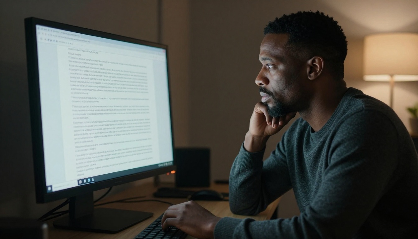 Side profile of a professional reading long-form text on a large monitor