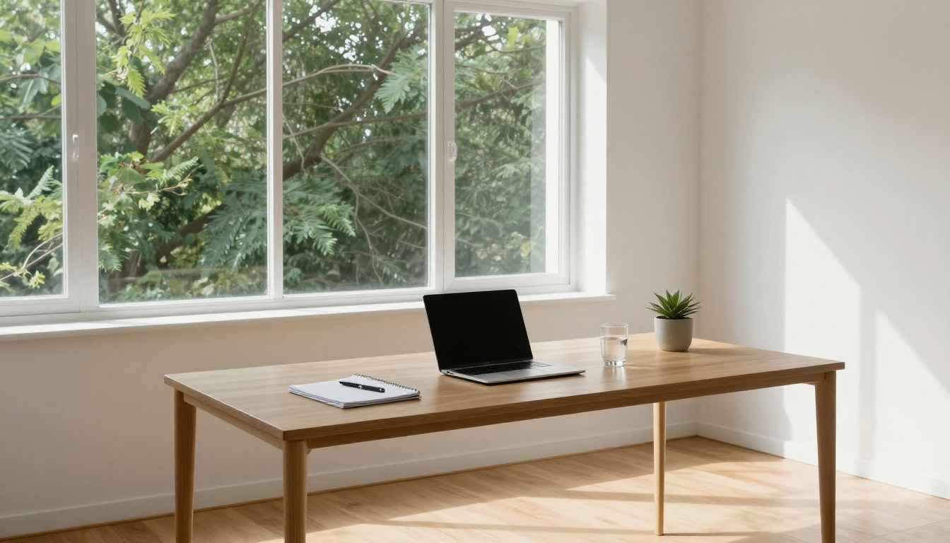 A minimalist home office desk with an open laptop beside large windows with a green view