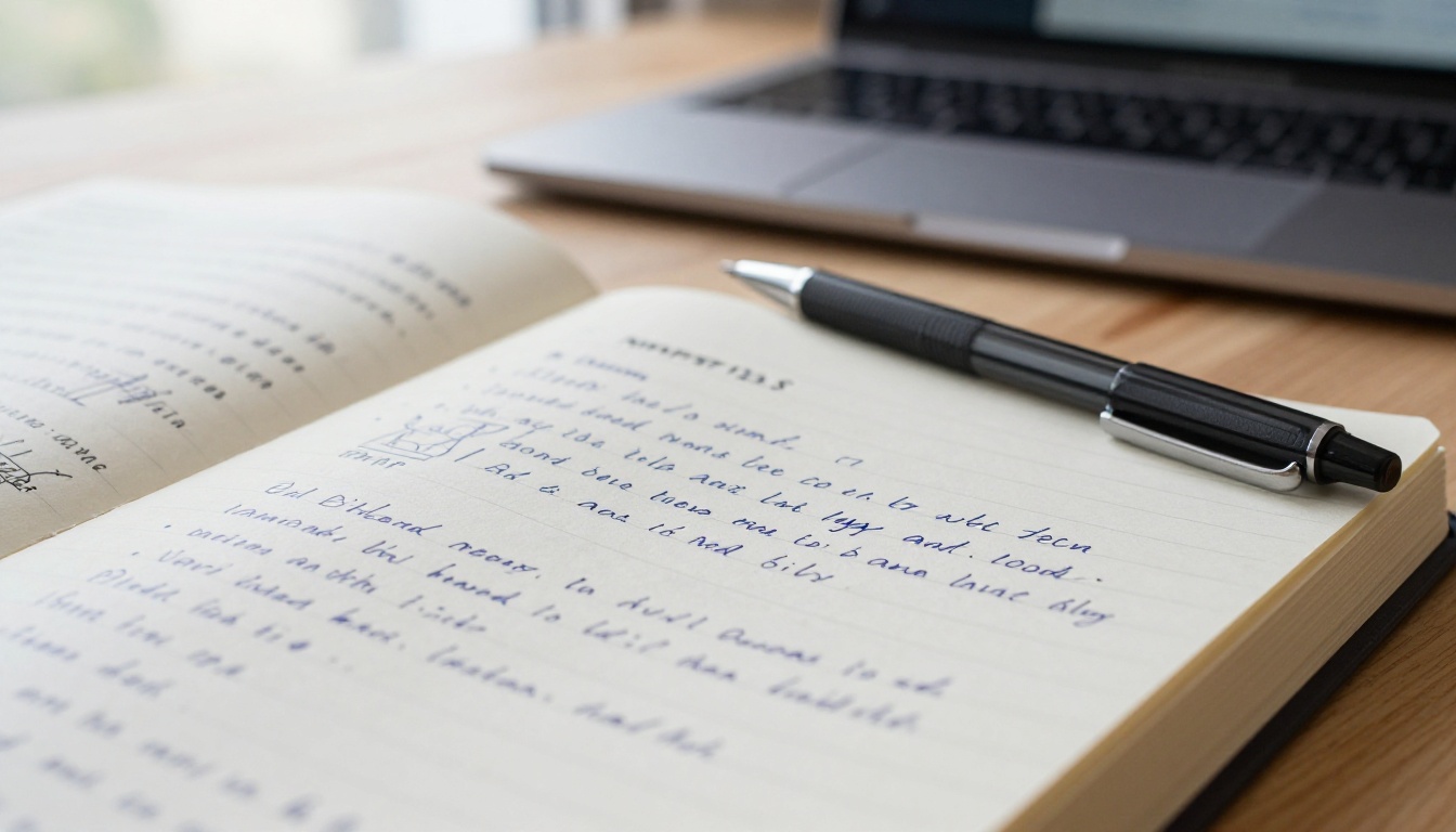 Open hardcover notebook with handwritten notes beside a blurred open laptop