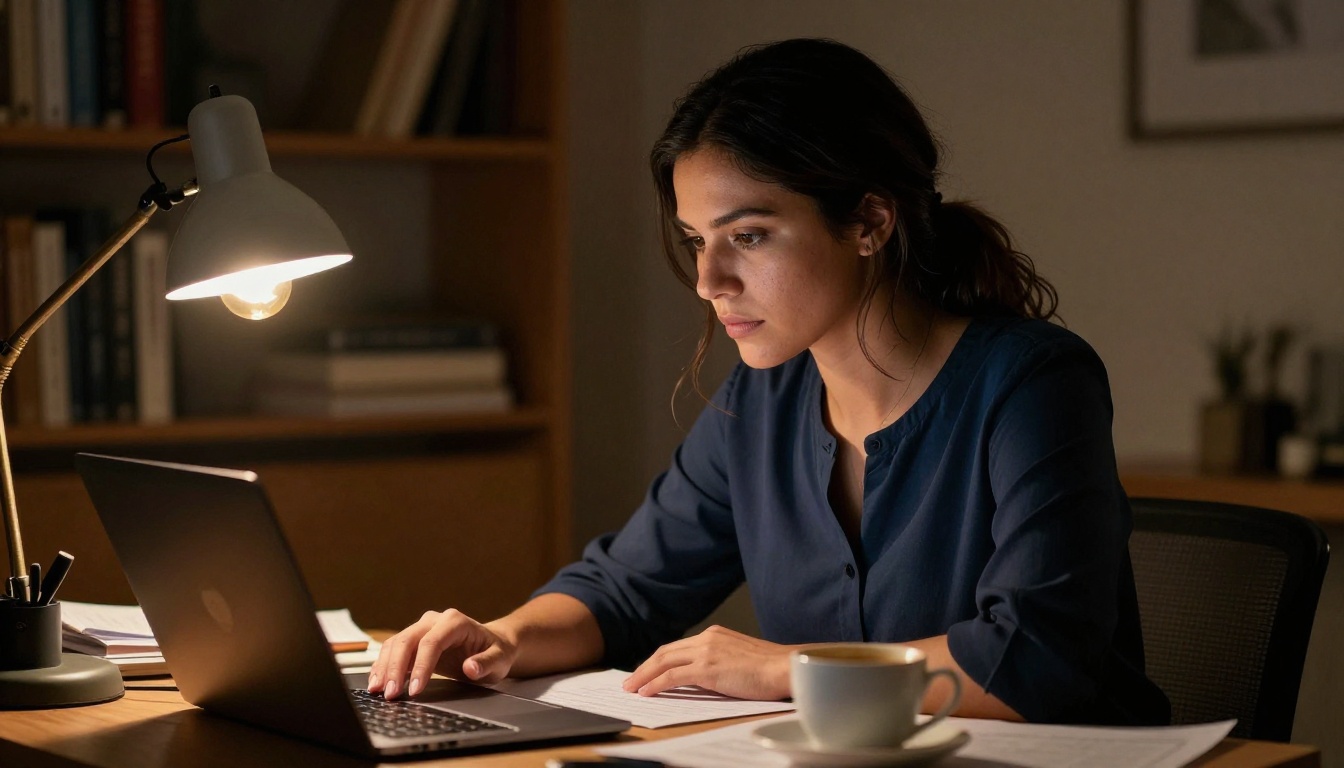A focused professional working late in the evening by warm desk lamp light