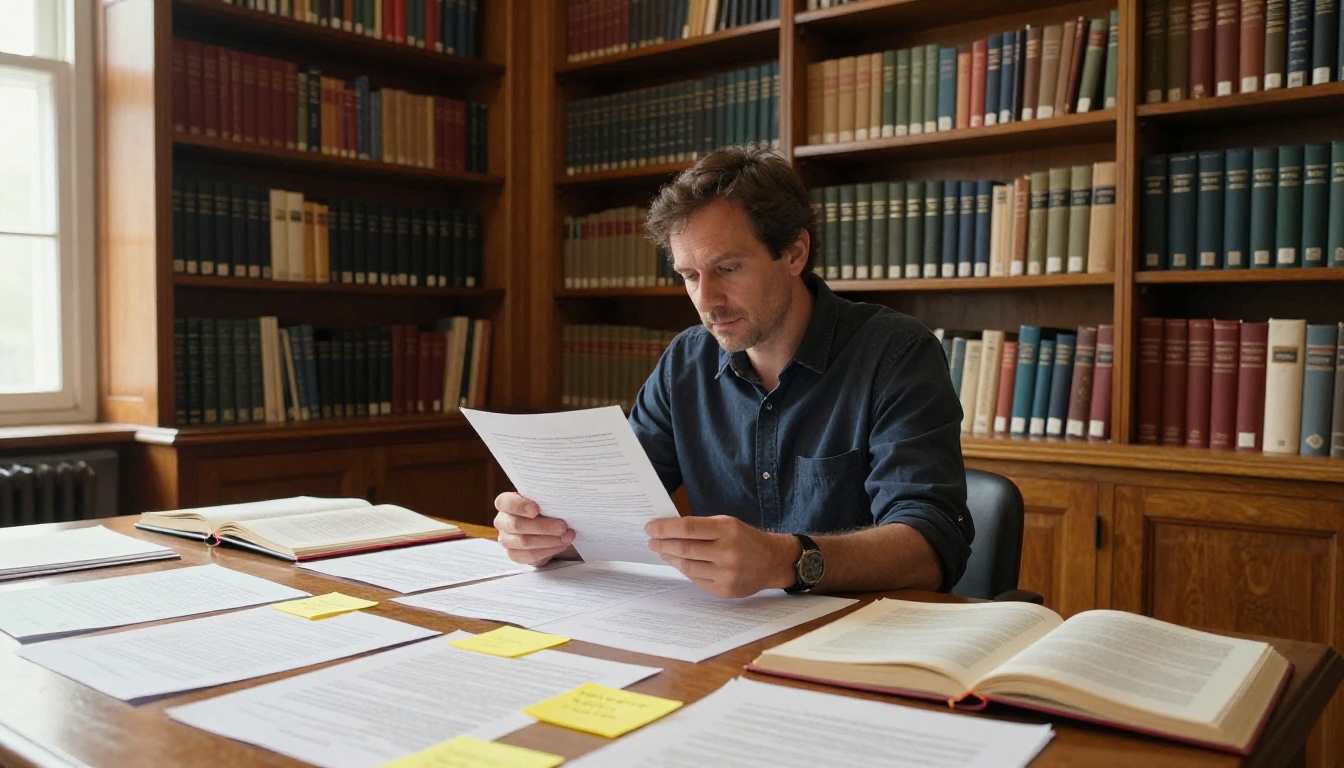Researcher reviewing printed academic papers at a large library table