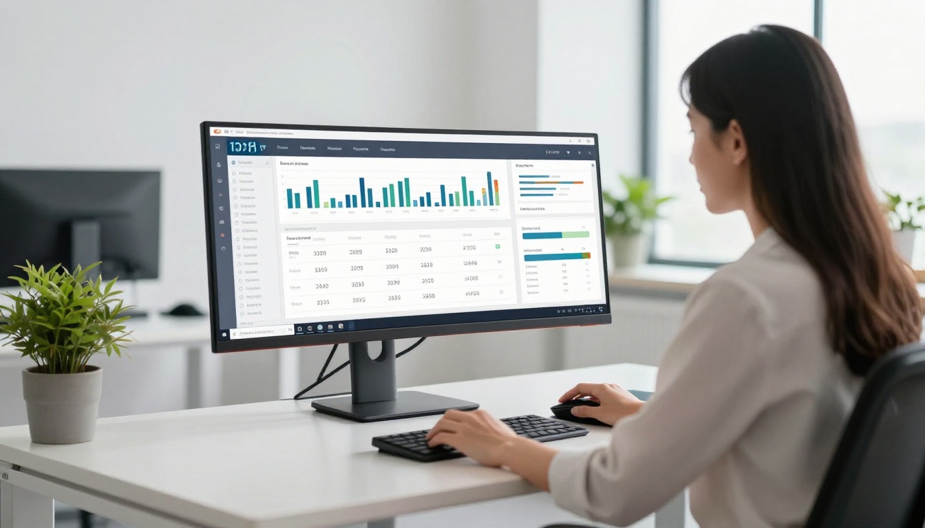Over-the-shoulder view of a professional analyzing data visualizations on a large monitor