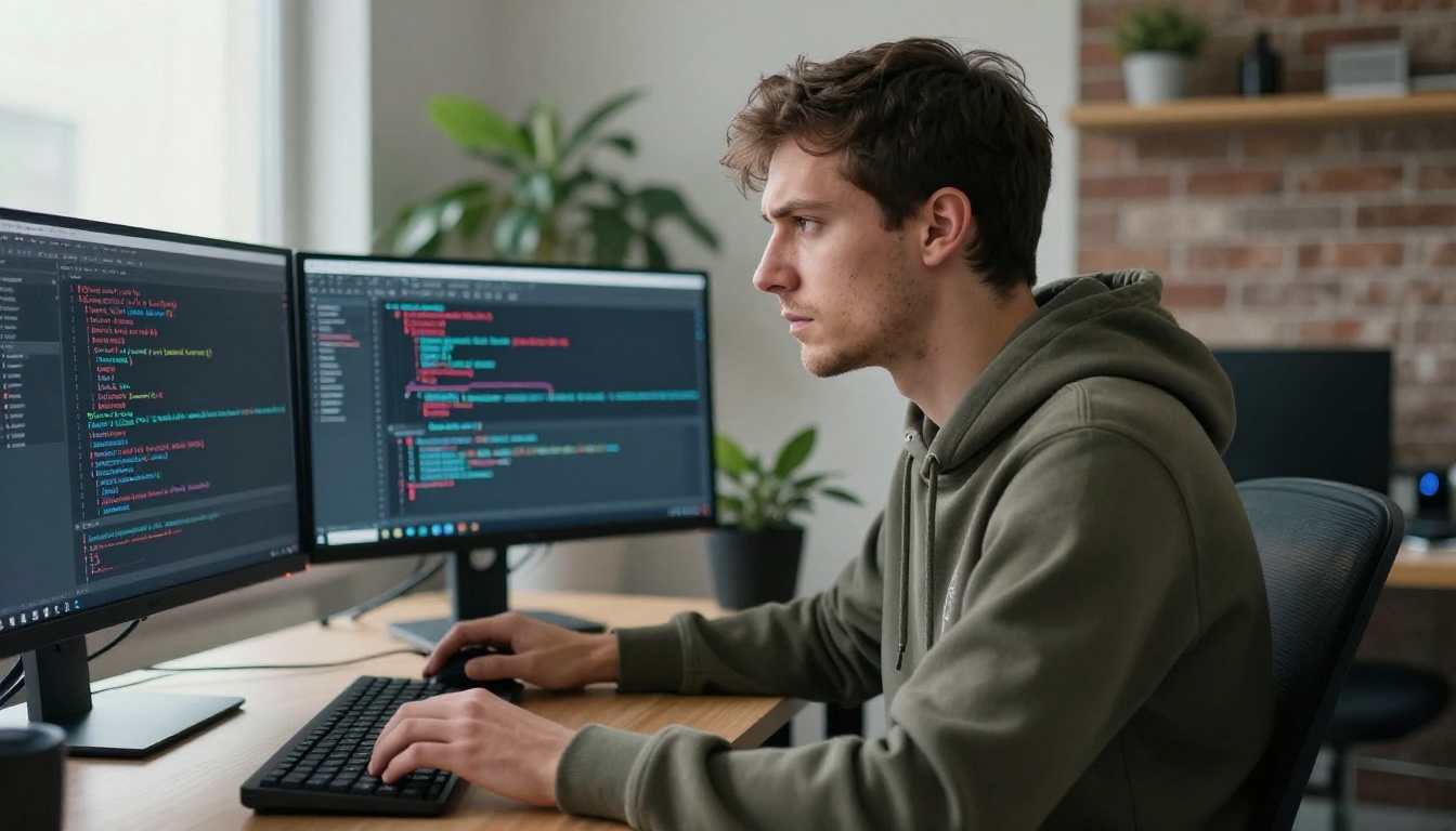 Developer debugging complex code on dual monitors