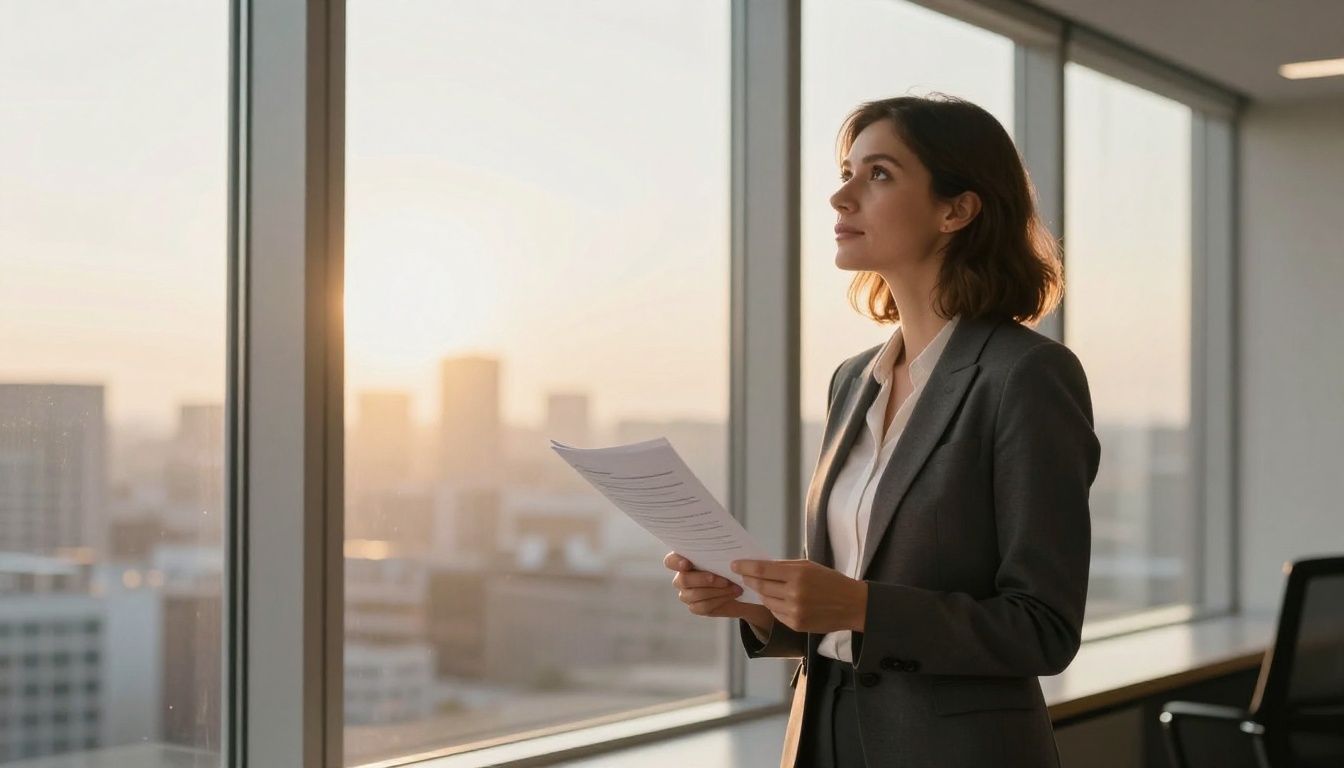 A confident professional woman reading a report near floor-to-ceiling windows with golden-hour light