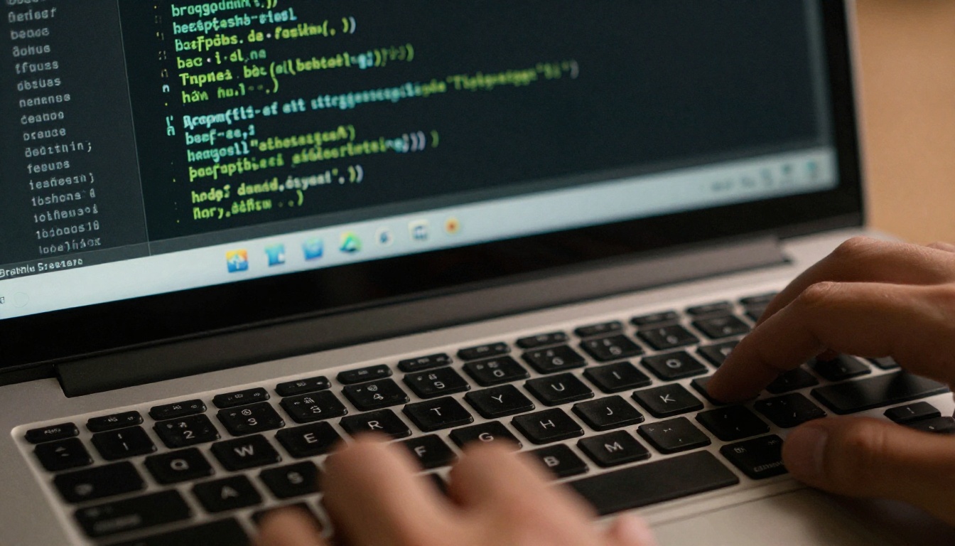 Terminal window with cascading code output and developer hands on keyboard