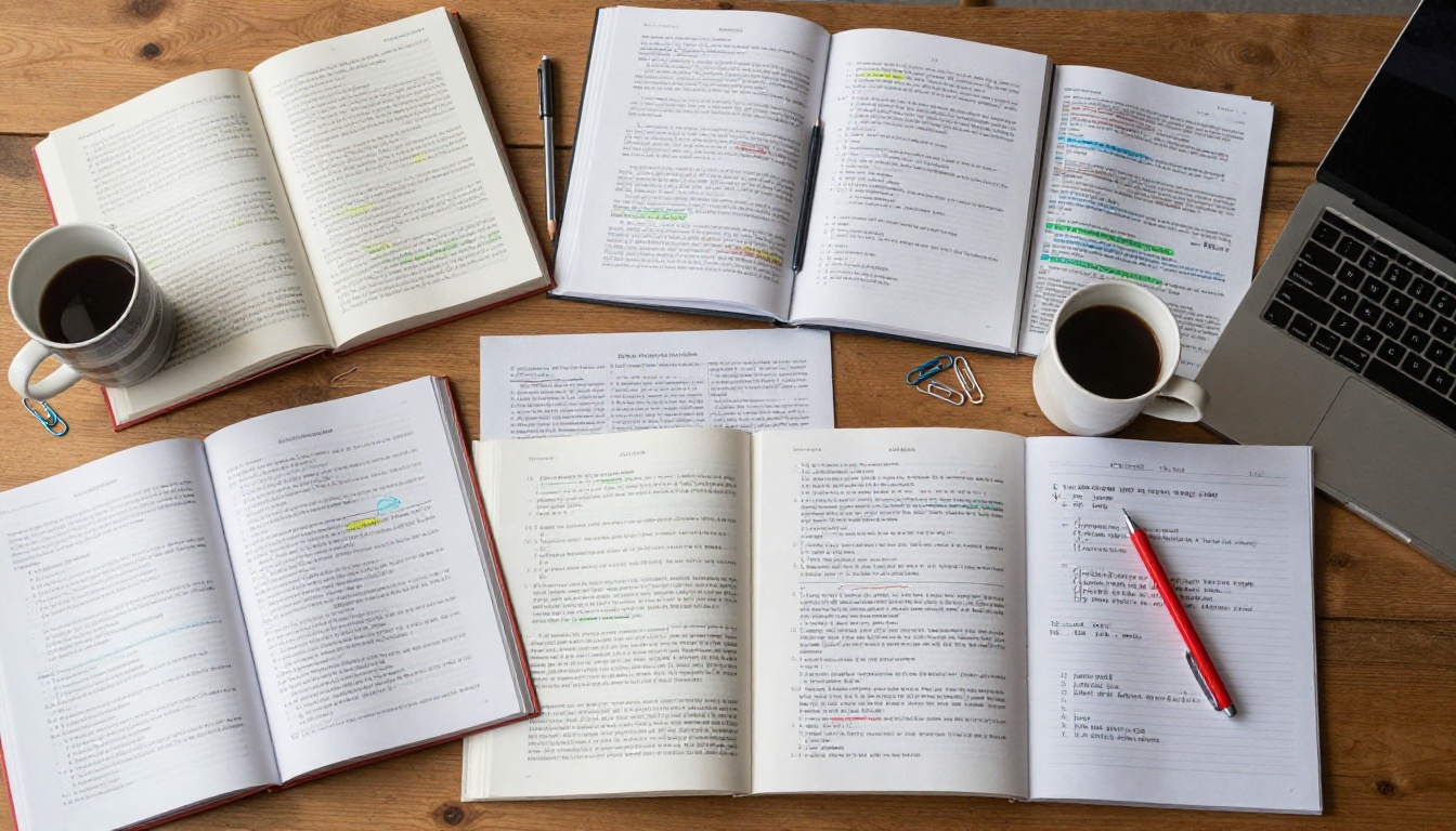 Aerial flat-lay of a researcher's desk covered with papers, textbooks, and annotated notes