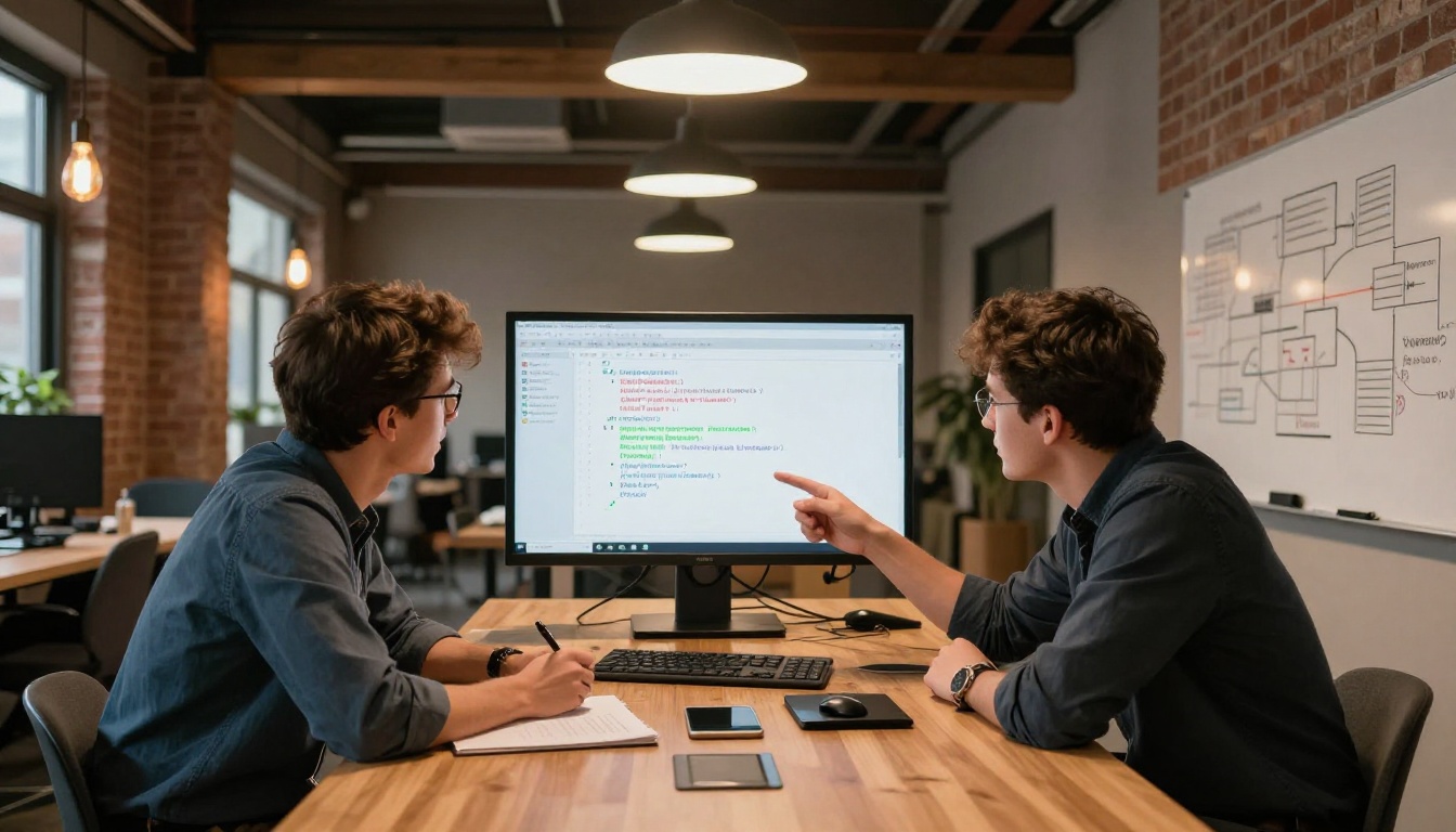 Two developers collaborating on code review at a conference table