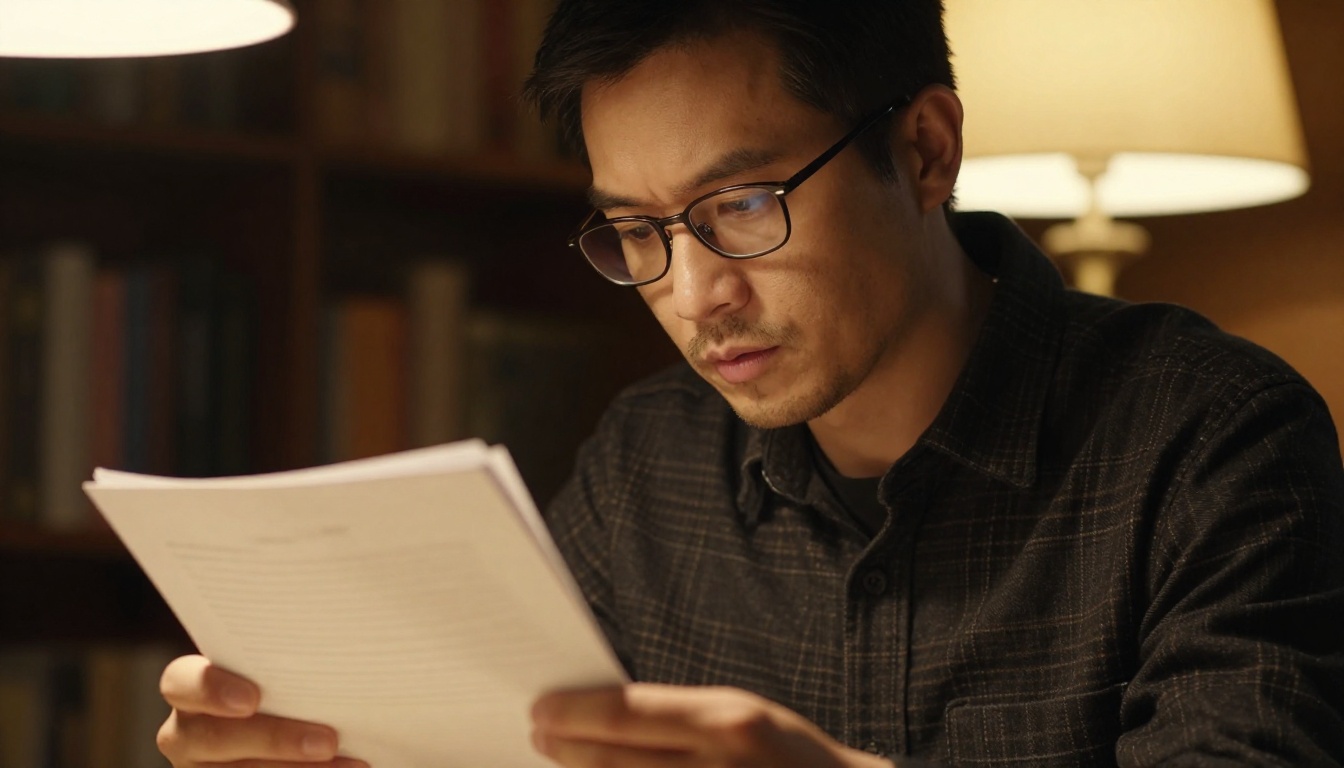 Close-up portrait of a focused man reading documents with warm directional lamp light