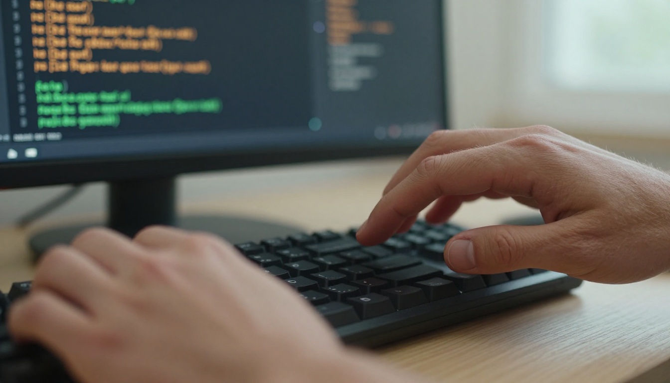 Close-up of hands hovering over a mechanical keyboard, fingers mid-motion above lit keys, warm bokeh code glow in the background