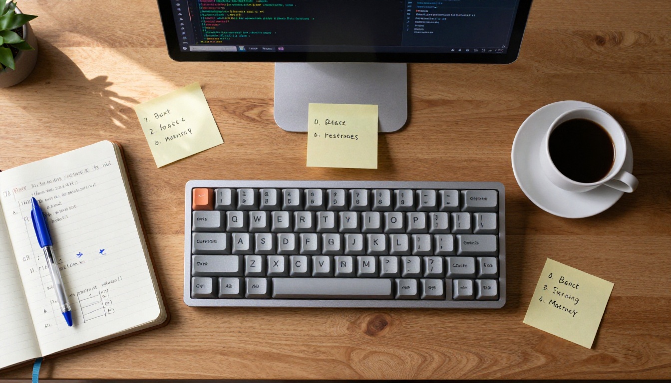 Aerial view of developer workspace with notebook, keyboard and coffee