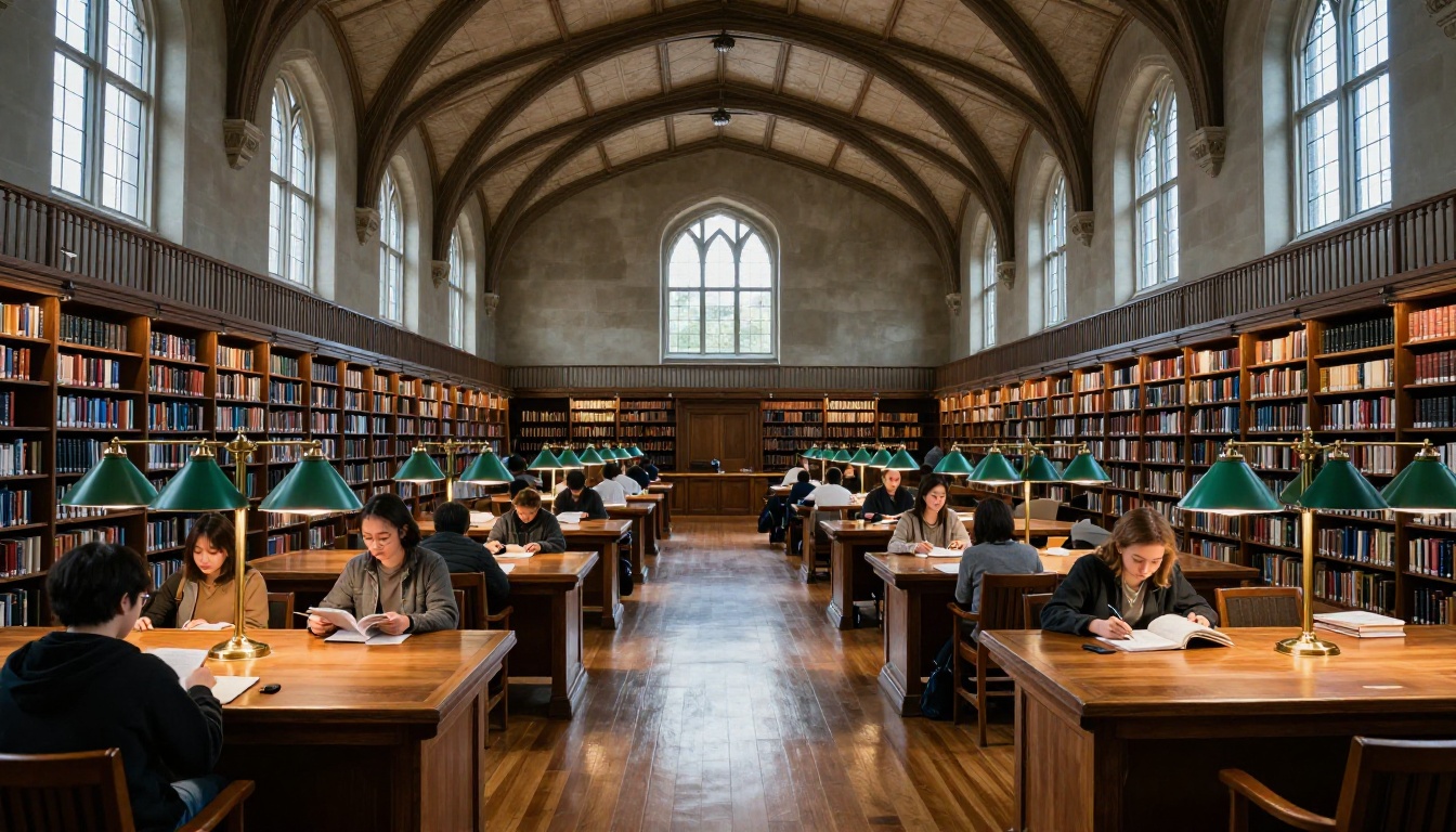 Grand university library reading room with arched windows and rows of wooden study tables