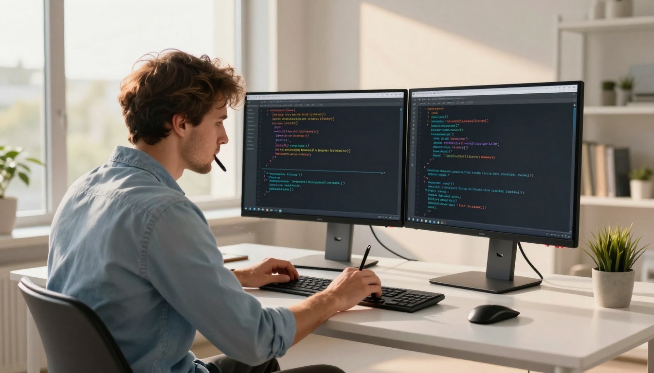 Developer at modern desk reading AI conversation on secondary monitor