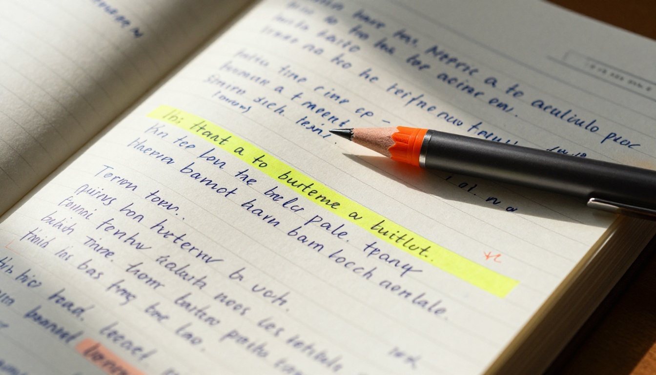 Close-up of a notebook with handwritten notes highlighted in yellow and orange