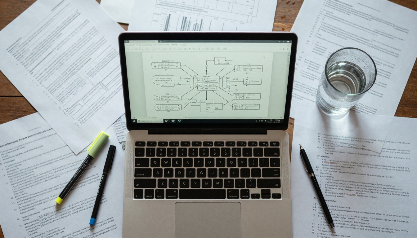 Overhead flat-lay of laptop displaying complex node diagram surrounded by annotated printed papers, highlighters, and handwritten notes