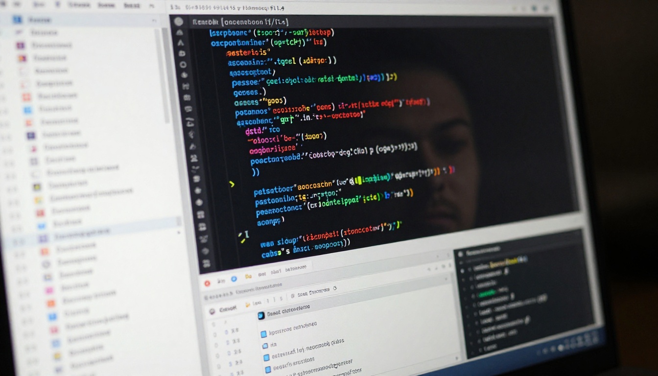 Complex IDE showing TypeScript code with developer reflected in monitor