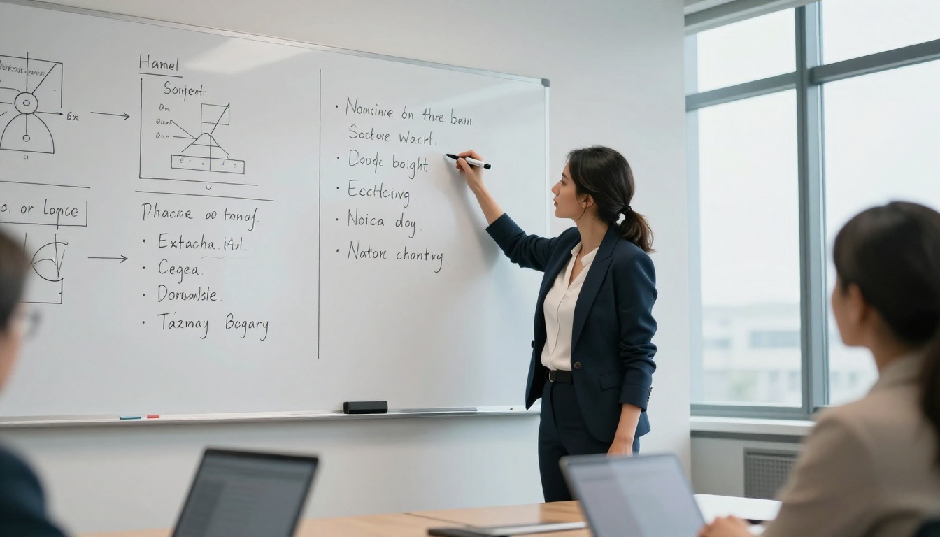 Professional woman writing structured bullet points on a whiteboard in a modern conference room
