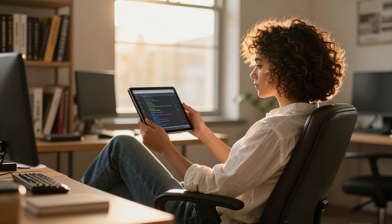 Developer reading API documentation from a tablet in a leather chair