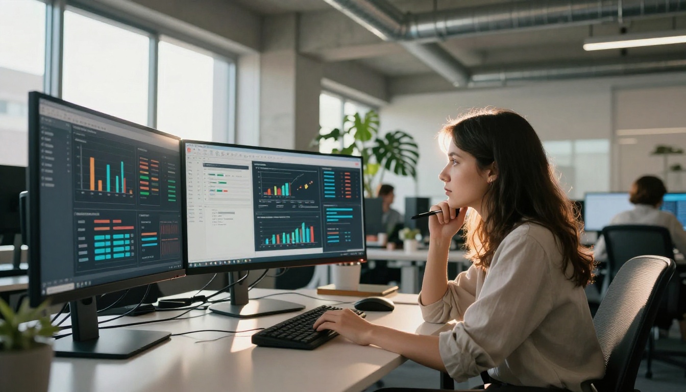 Low-angle shot of a woman at a standing desk with three monitors showing data visualization dashboards, natural daylight creating rim lighting around her