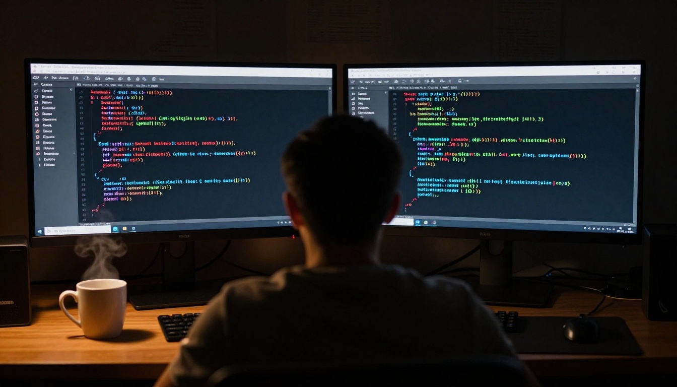 Developer silhouette in dark room comparing code diffs on dual monitors