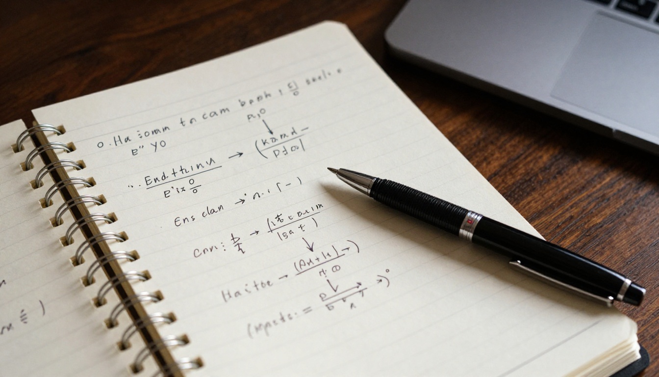 Close-up of an open notebook on walnut desk, pages filled with handwritten equations, decision trees, and annotations with a ballpoint pen resting diagonally across it