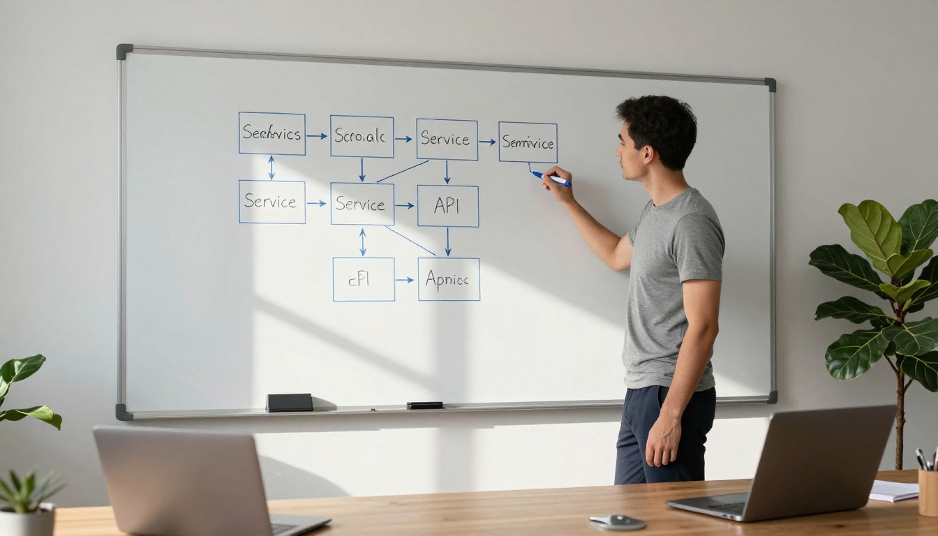 Developer drawing microservices architecture on a whiteboard in a sunlit office