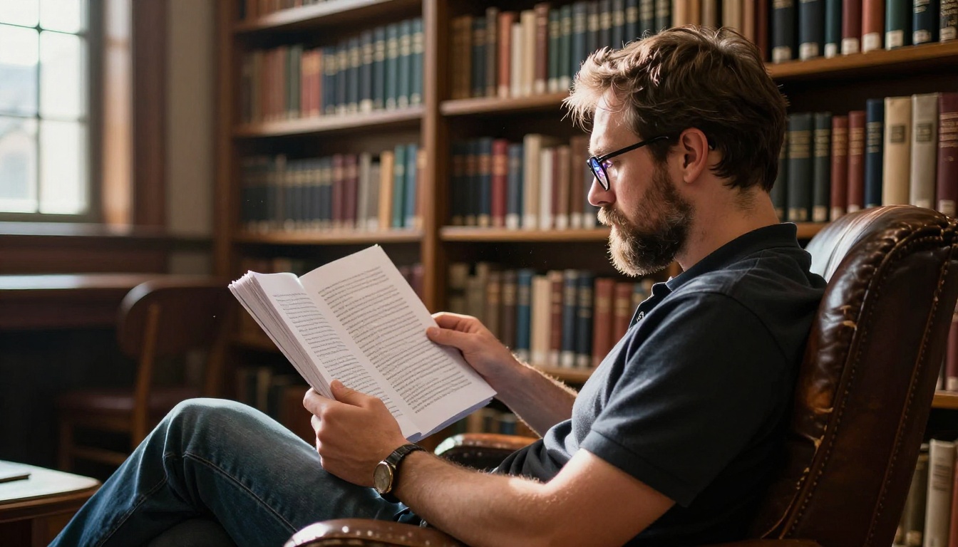 Side-profile of a bearded man in his 40s seated in a leather library armchair reading a printed document, afternoon light from arched windows creating dust motes in the air