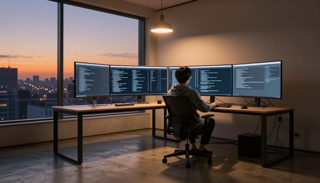 Wide shot of a developer from behind at a curved ultrawide monitor showing terminal windows, city skyline at dusk visible through floor-to-ceiling windows behind