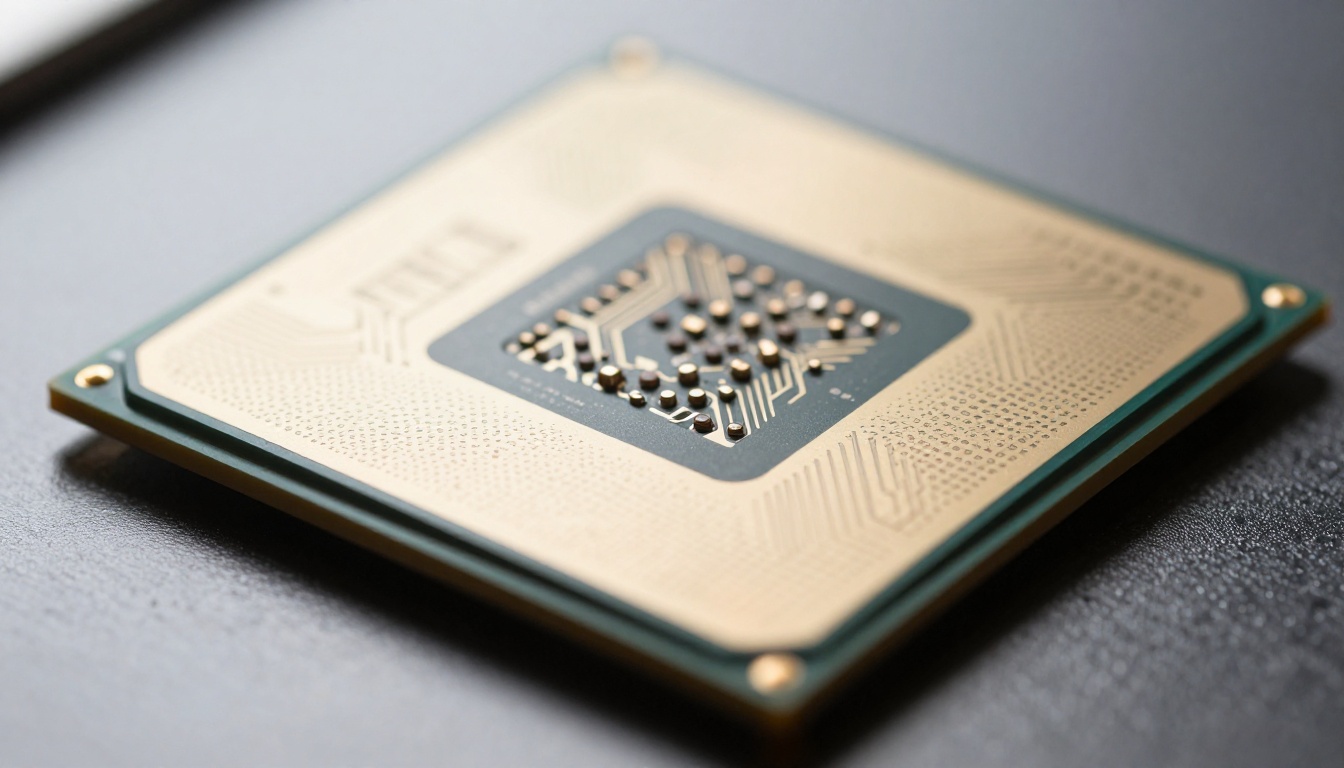 Macro close-up of a computer processor chip on a reflective surface, intricate circuit patterns in extreme detail, shallow depth of field fading the far chip edge into smooth bokeh