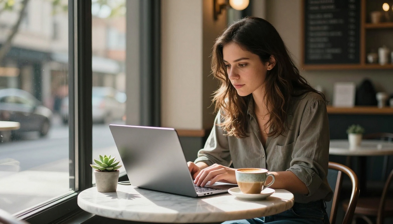Candid shot of a young woman working on a laptop at a marble café table near a large window, morning sunlight illuminating her face from the left with a flat white coffee beside her