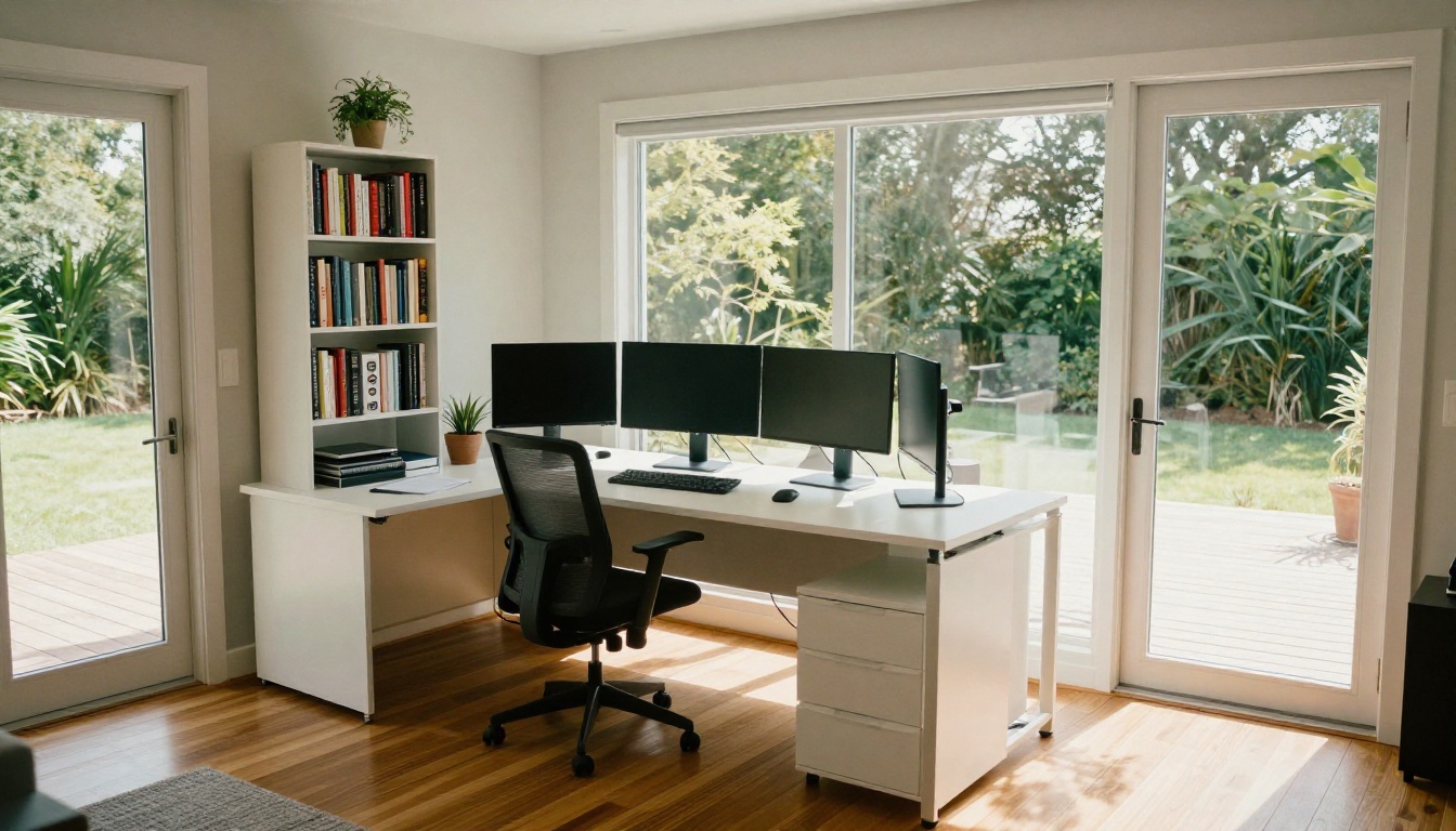 Wide-angle view of a clean modern home office from the doorway, L-shaped white desk with dual monitors, large glass doors opening to a sunlit deck with greenery beyond