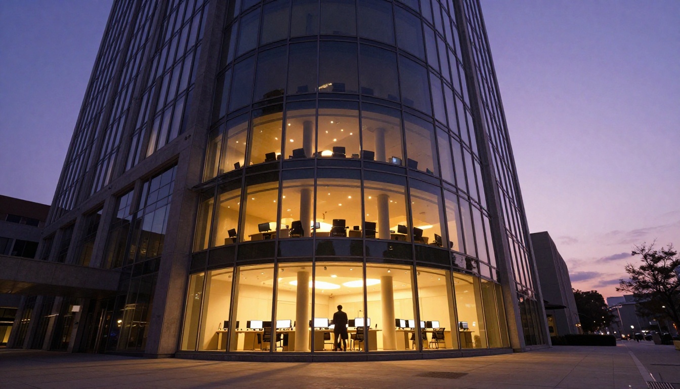 An office building exterior at dusk with a lone worker visible through the glass