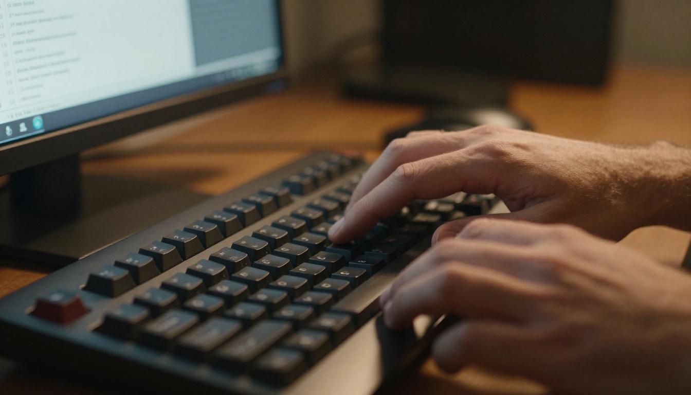 Close-up of hands typing on a mechanical keyboard, a blurred monitor with structured text behind