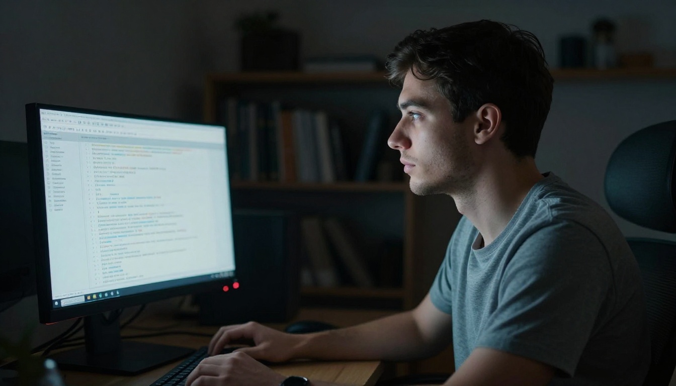 Side profile of a developer lit by a monitor in a dark office at night