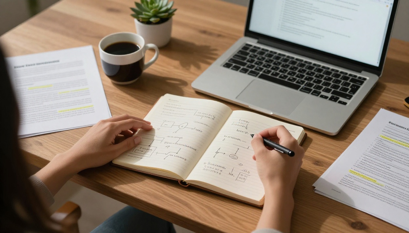 Aerial overhead view of a desk with handwritten logic diagrams, a laptop, and coffee
