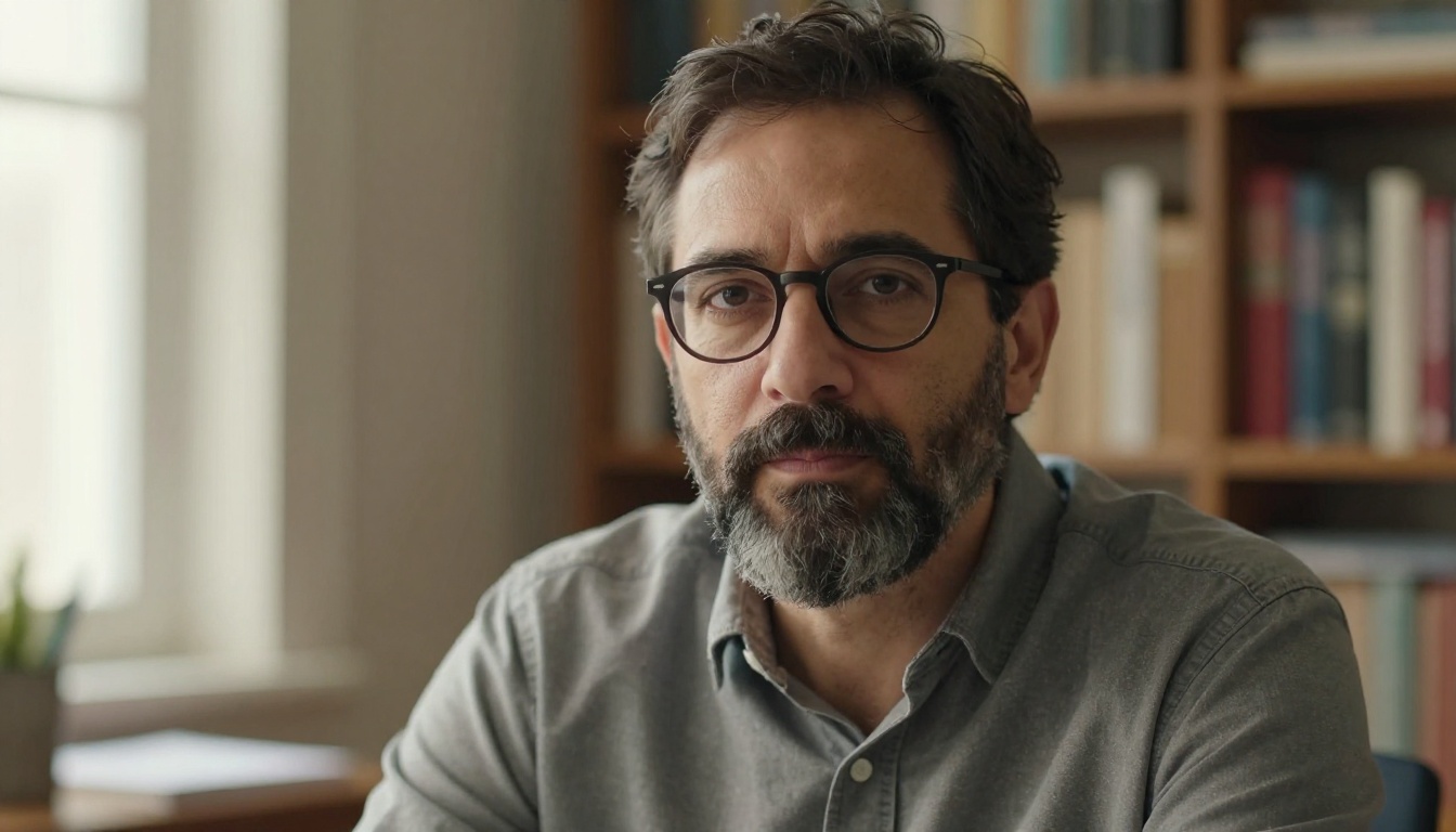 A thoughtful man with glasses and a dark beard sits in soft window light at his desk