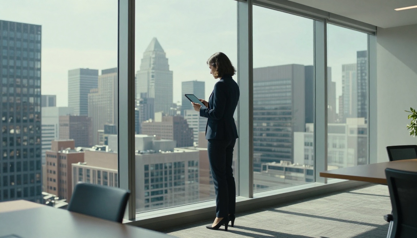 A woman reviews a tablet at a high-rise office window overlooking a city skyline
