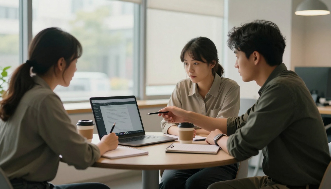 Two researchers collaborate over a shared laptop at a round table in a bright office
