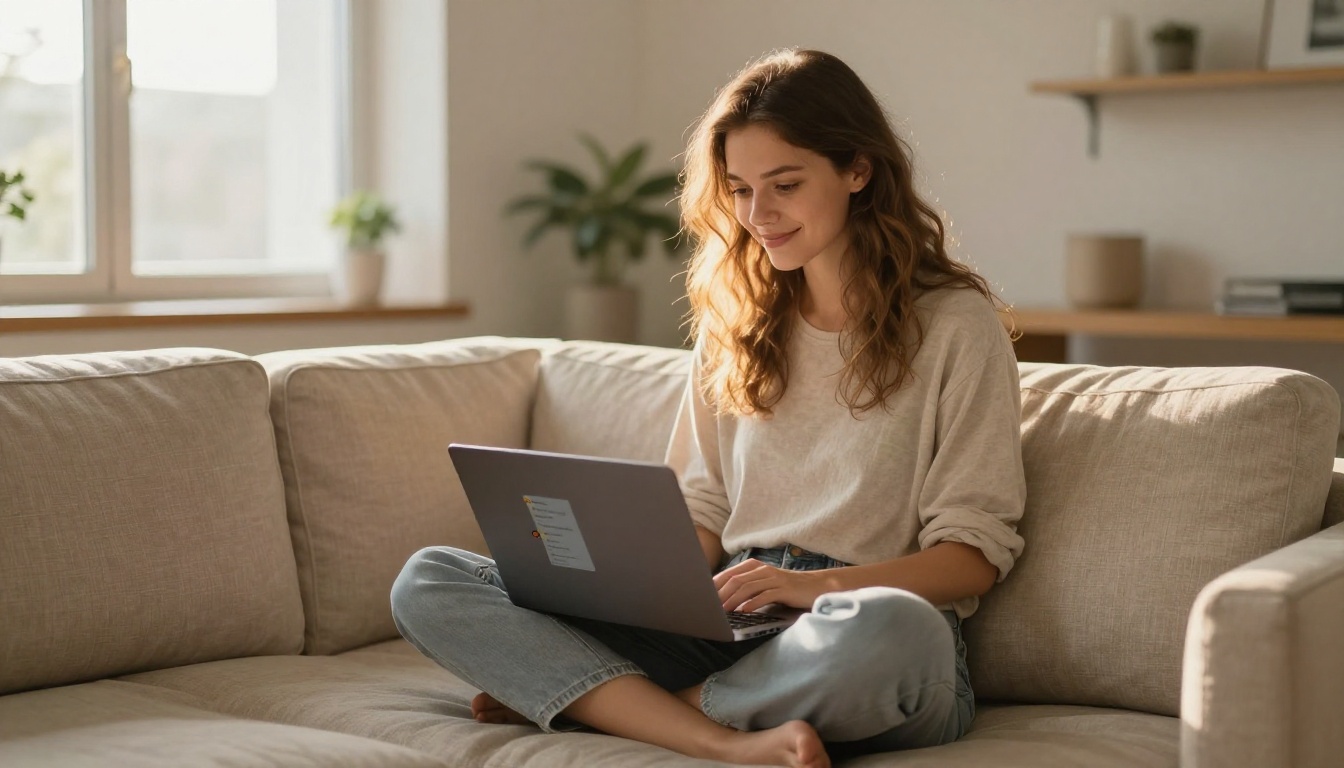 A young woman smiles at her laptop on a minimalist sofa in warm golden afternoon light