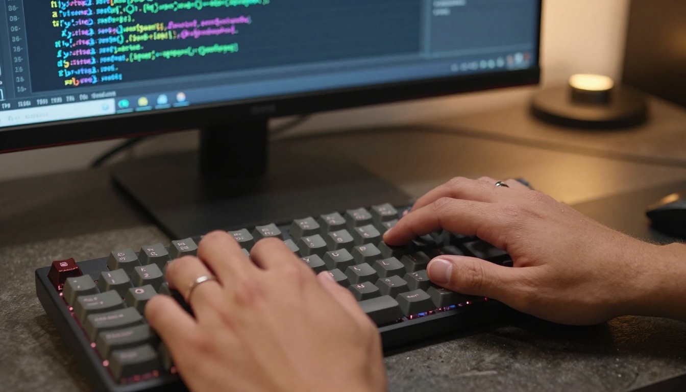 Close-up of developer hands typing on mechanical keyboard with syntax-highlighted code visible on monitor Close-up of developer hands typing on mechanical keyboard with syntax-highlighted code visible on monitor