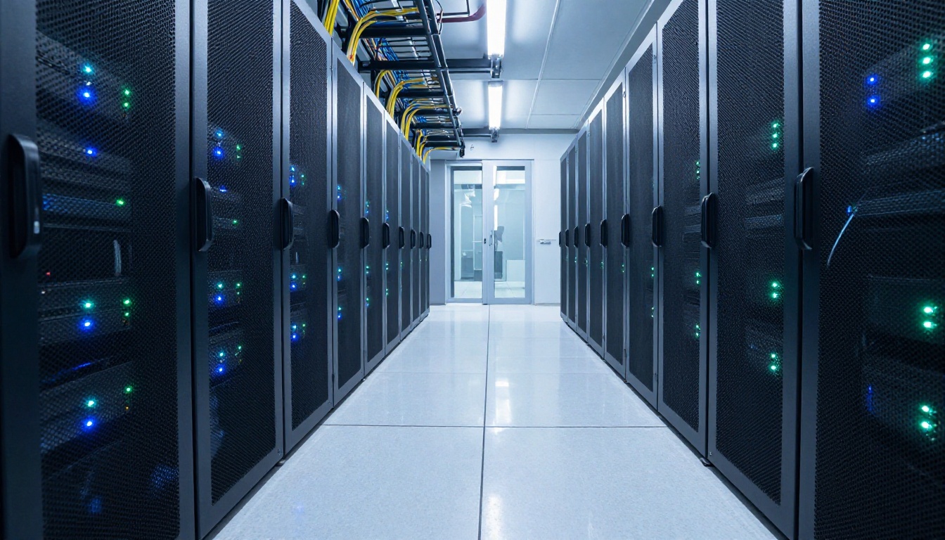 Low-angle view of server room corridor with rows of black racks and blue indicator LEDs Low-angle view of server room corridor with rows of black racks and blue indicator LEDs