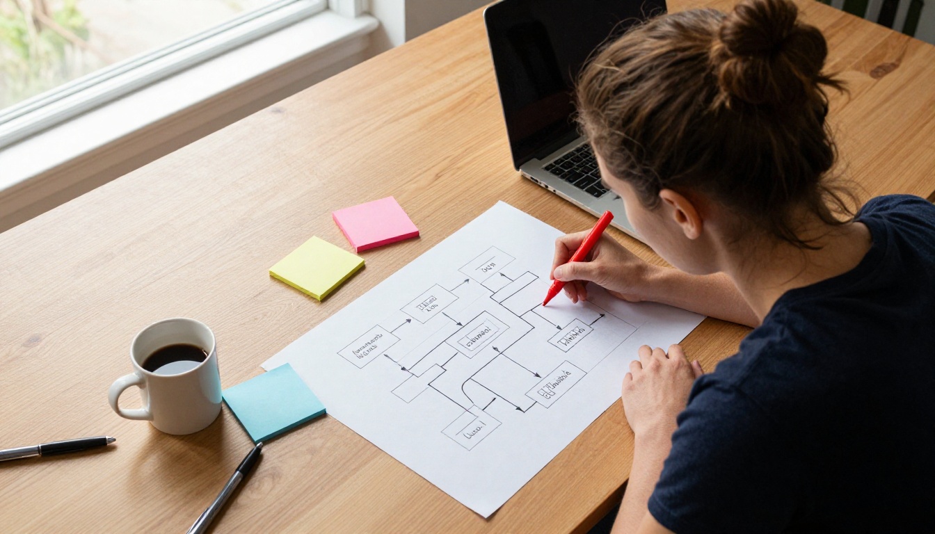 Overhead view of developer annotating workflow architecture diagram on conference table