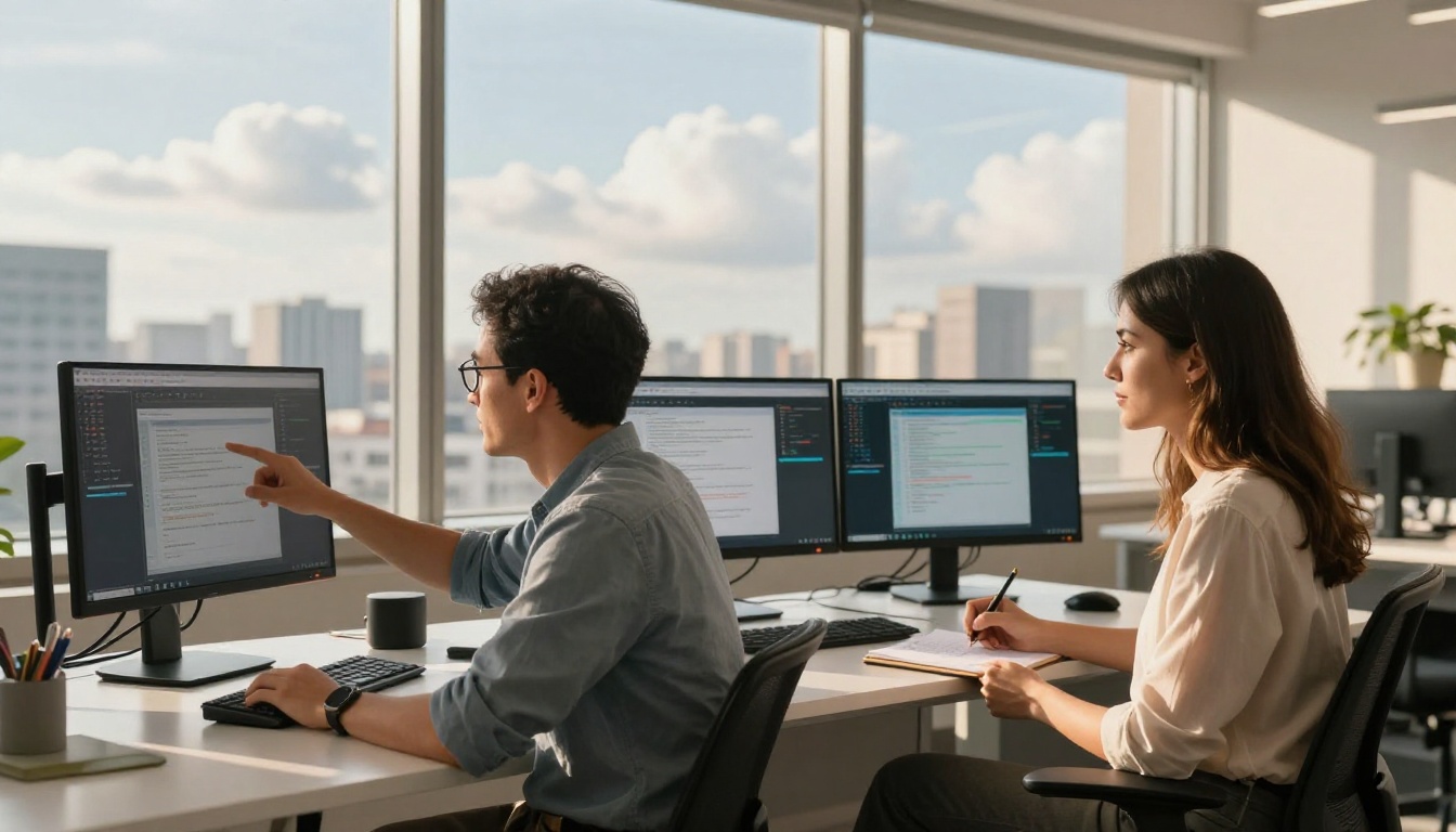 Two software engineers collaborating at shared workstation with city view through floor-to-ceiling windows Two software engineers collaborating at shared workstation with city view through floor-to-ceiling windows