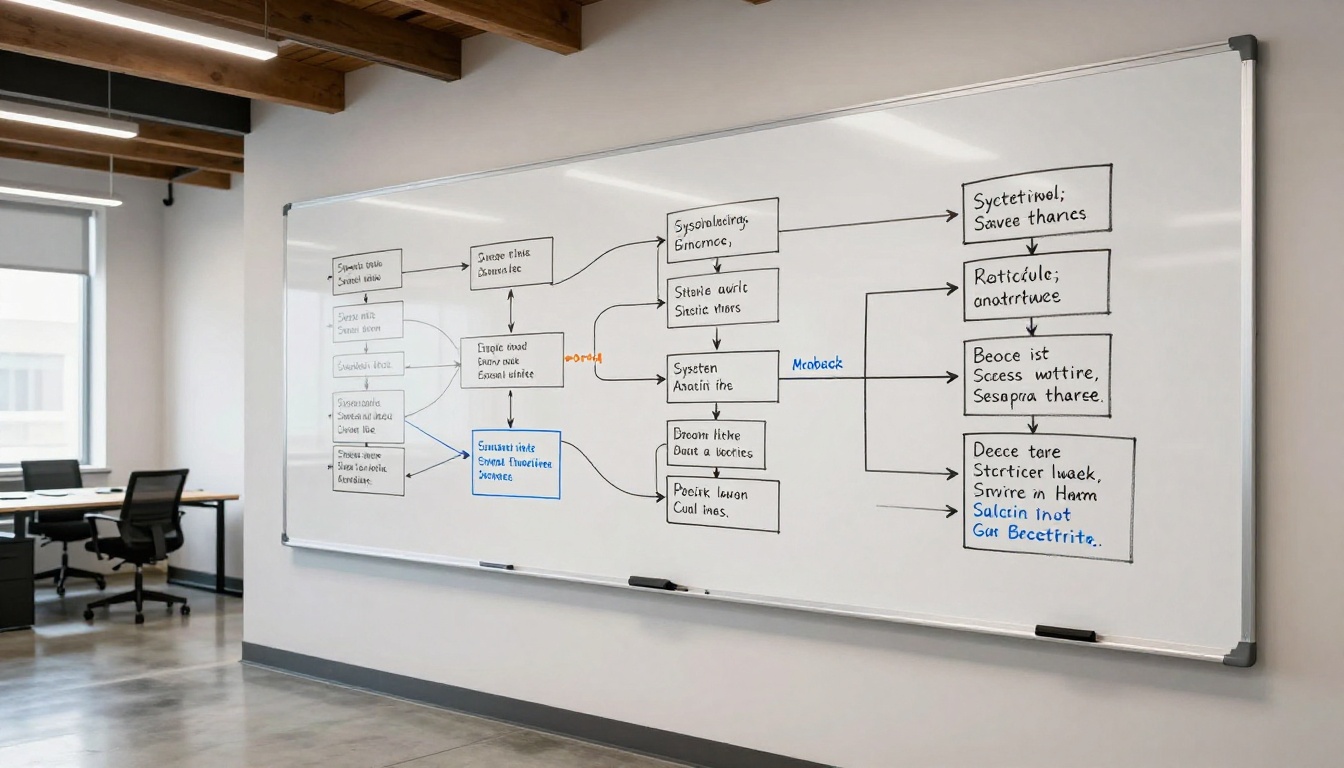 Whiteboard filled with hand-drawn system architecture diagram in blue and black dry-erase marker Whiteboard filled with hand-drawn system architecture diagram in blue and black dry-erase marker