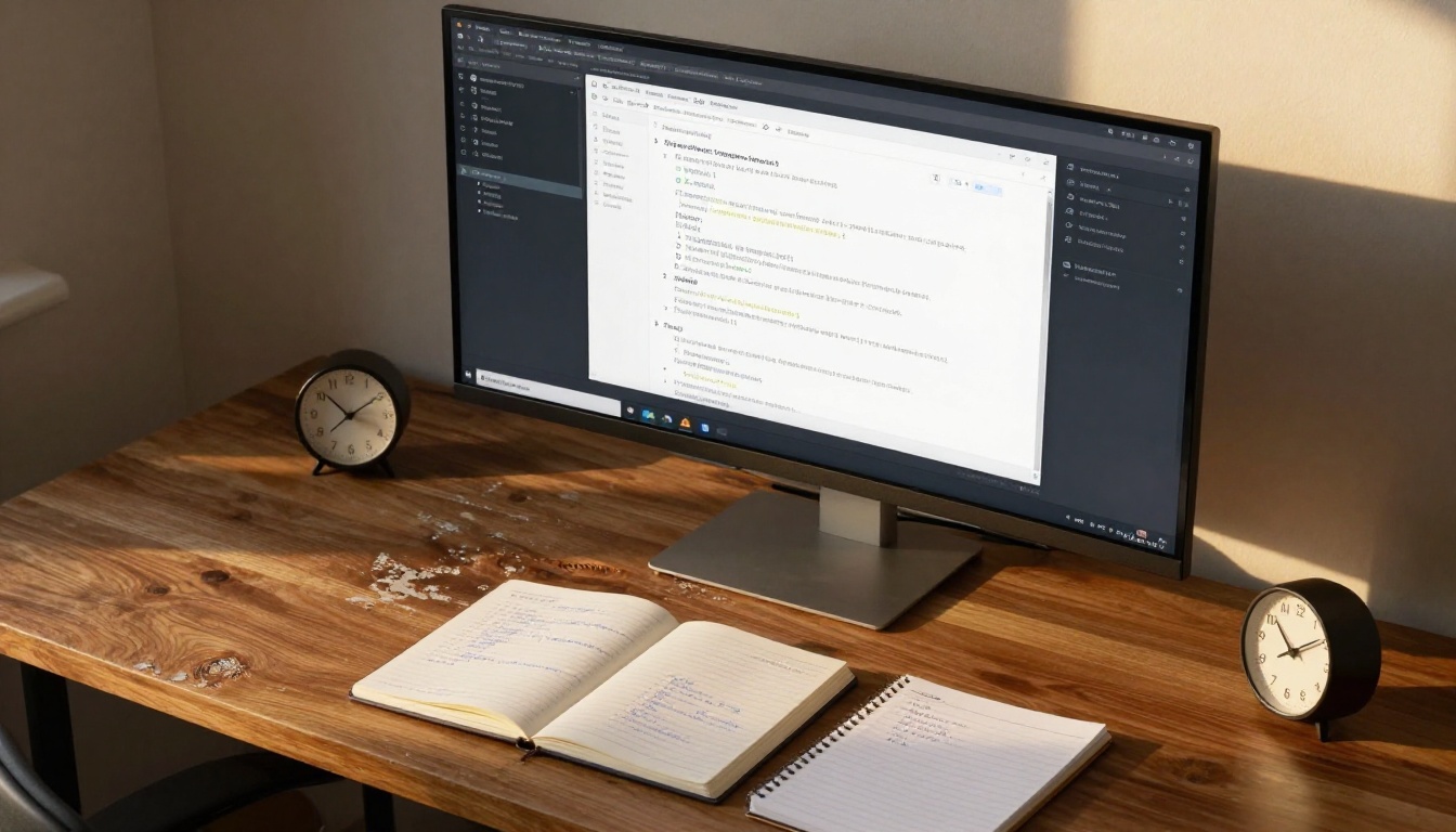 Developer reviewing API documentation on ultrawide monitor with handwritten notes on walnut desk