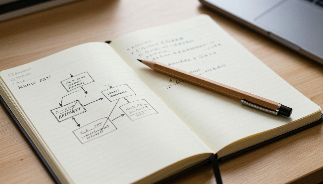 Open engineering notebook with hand-drawn AI agent feedback loop diagram and handwritten bullet notes