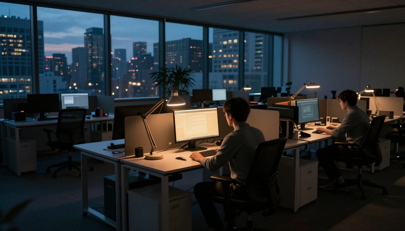 Developer working alone at monitors in a large empty open office at blue hour, city skyline visible through windows