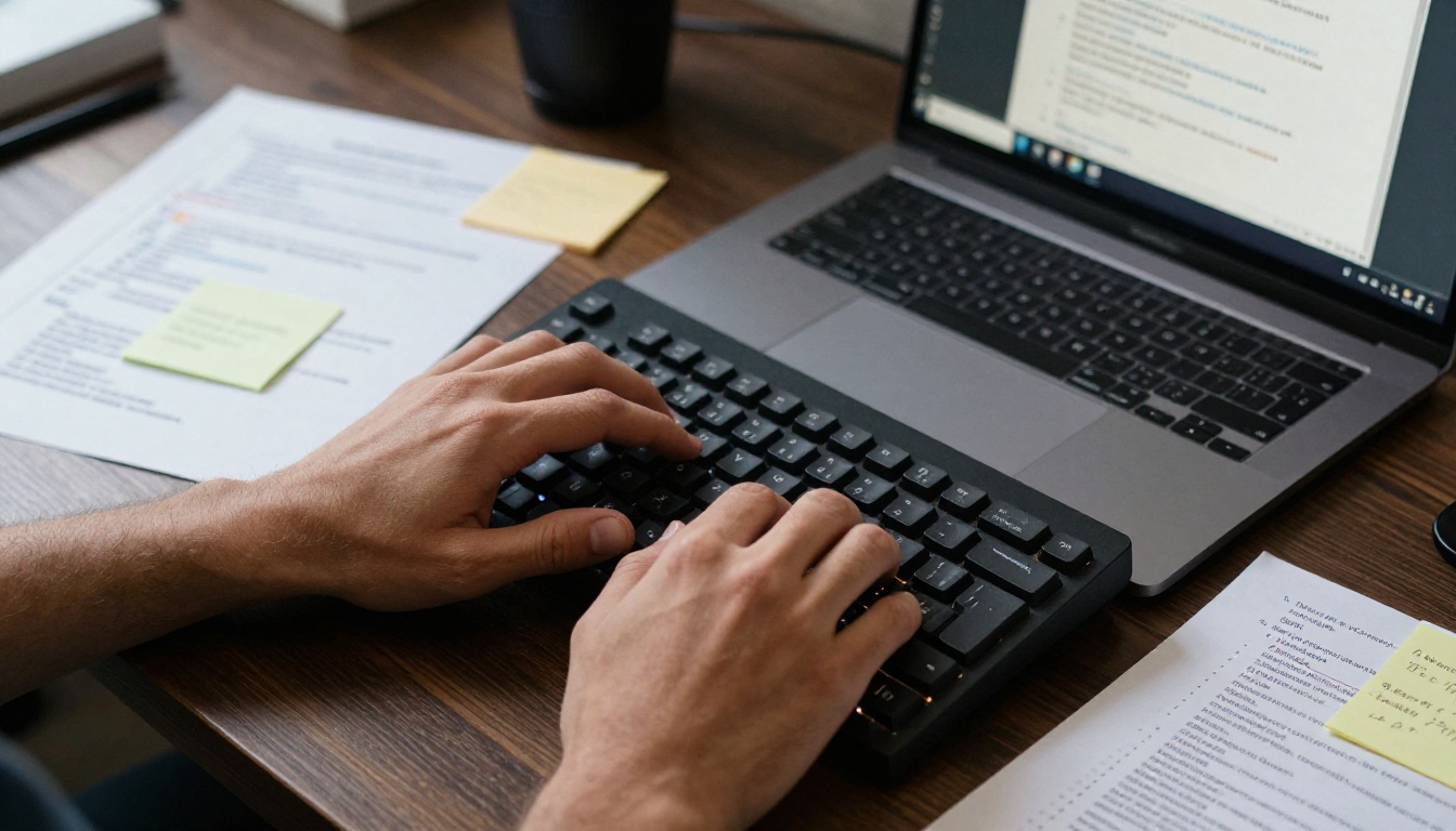 Developer hands typing on mechanical keyboard with AI model output visible on screen