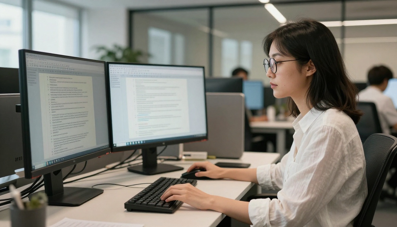 Woman in tech office comparing AI model outputs on dual monitors