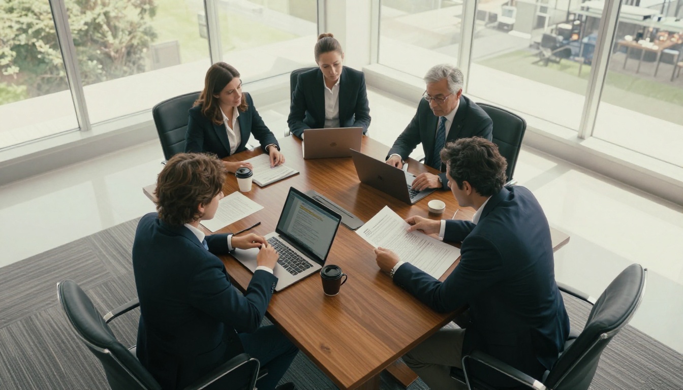 Aerial view of business professionals in corporate boardroom with laptops and printed reports